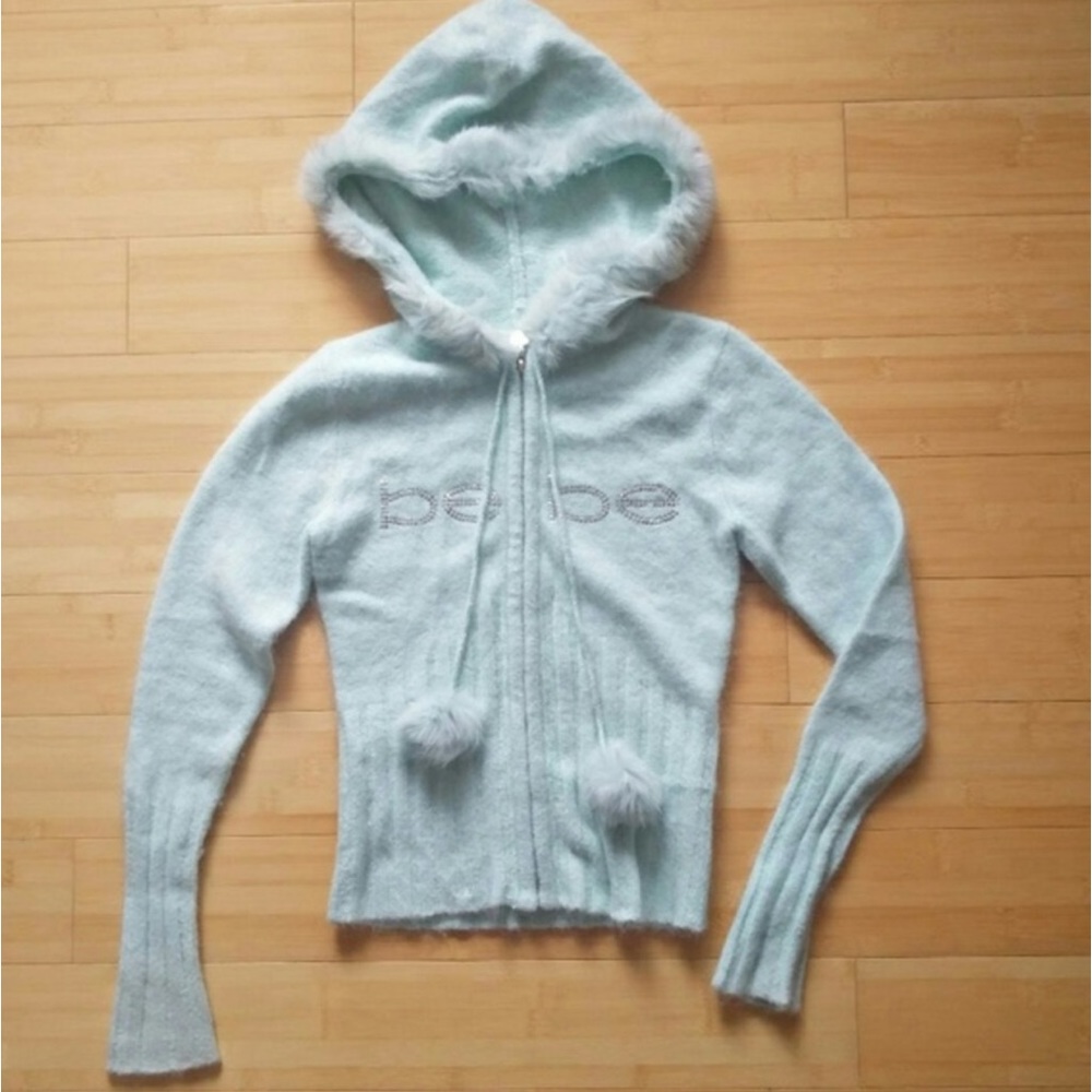 ISO (DONT BUY) bebe fuzzy pom Pom baby blue hoodie sweater